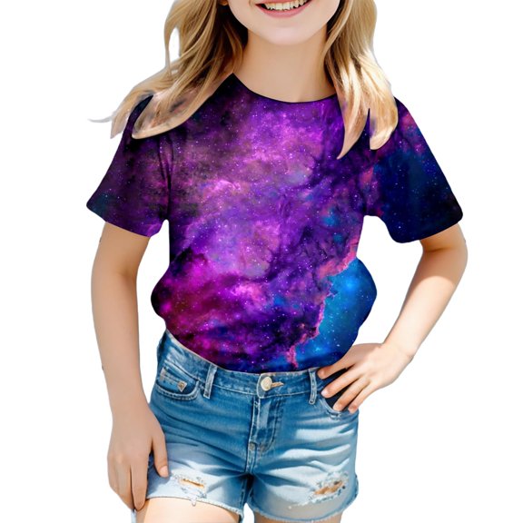 Gyexs Neon Shirts for Girls 3D Graphic Round Neck T-Shirt Oversized Tops Summer Holiday #03 Purple 4-5 Years