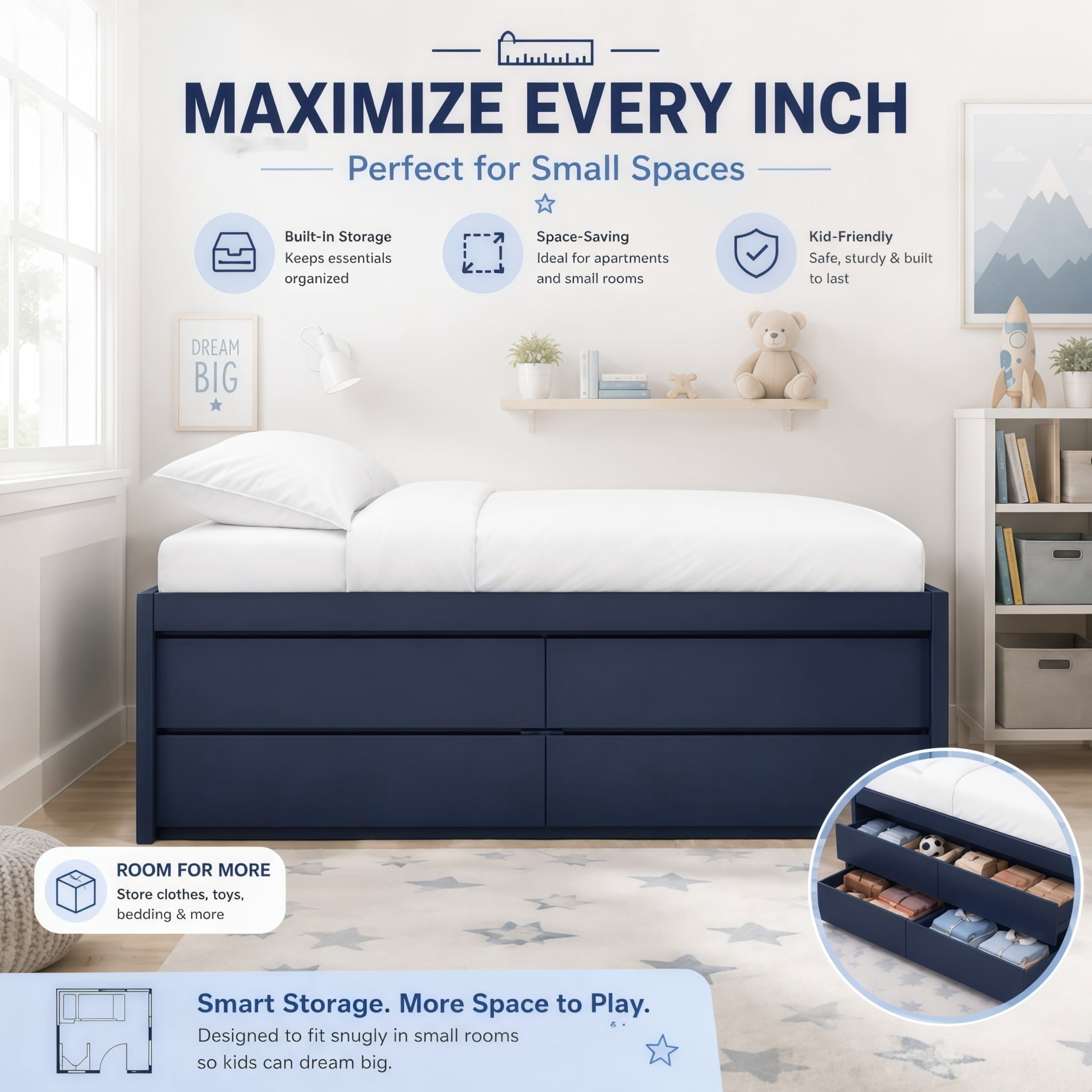 GDF Studio Tyler Full Size Captain Bed with Storage Drawers & Side Door, Modern Space-Saving Bed for Kids, Navy Blue