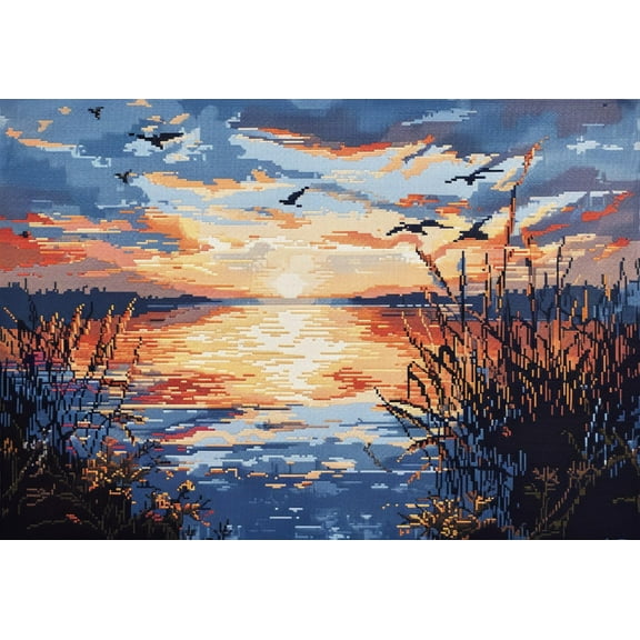 Ocean Sunset Seagulls Landscape DIY 11CT Stamped Cross Stitch Kits for Beginners Easy Needlepoint Embroidery Counted Cross Stitch Art Craft for Wall Decoration 12x16inch(2)
