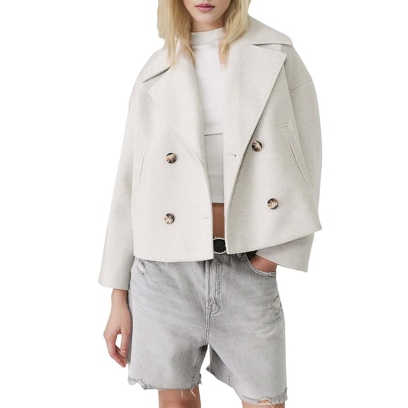 Women'S Fashionable Commuting Collar Double Row Buckle Short Woolen Loose Coat White XXXL