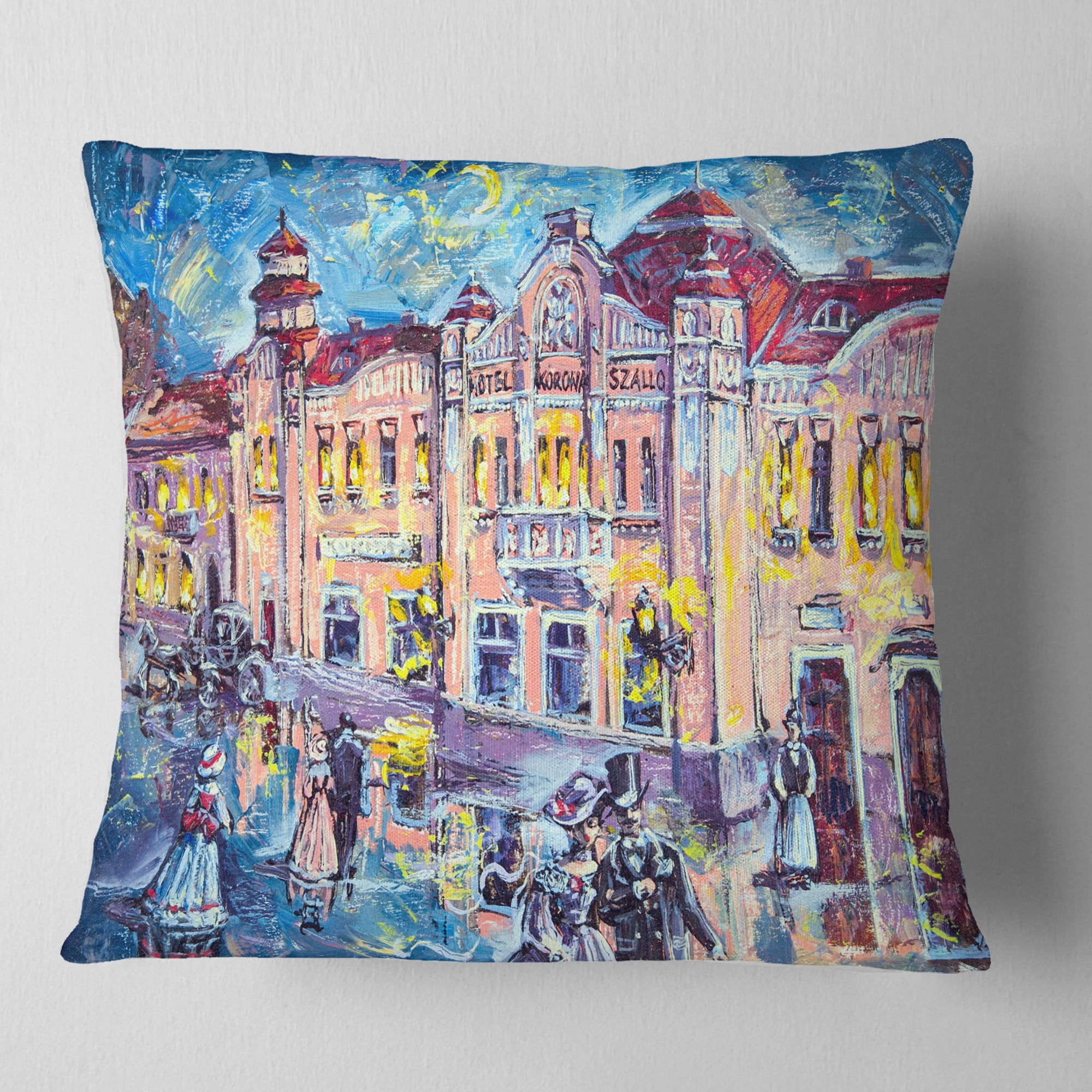 Designart City at Night with People - Cityscape Throw Pillow - 16x16