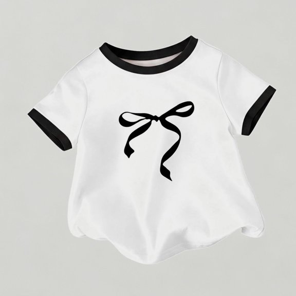 Xijirk Girls Bow Print Ruffle Short Sleeve Blouse Soft Casual Tee with Floral Design for Daily Wear,5-6 Years