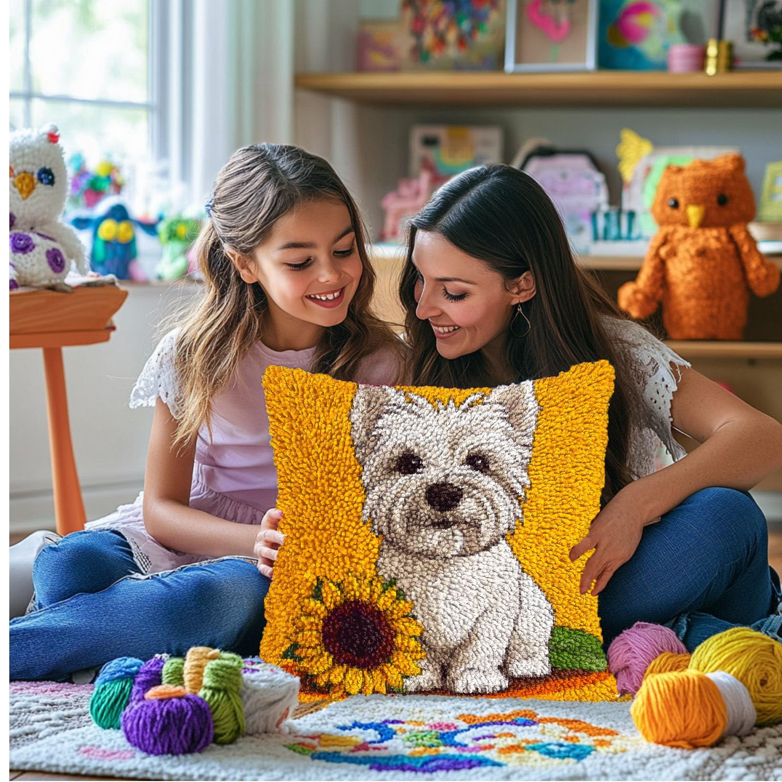 DIY Latch Hook Pillow Kits for Adults Cute West Highland Terrier Dog Printed Pillowcase Crochet Yarns Hooking Handmade Pillow Cover Cushion for Home Sofa Decoration 17x17inch-50