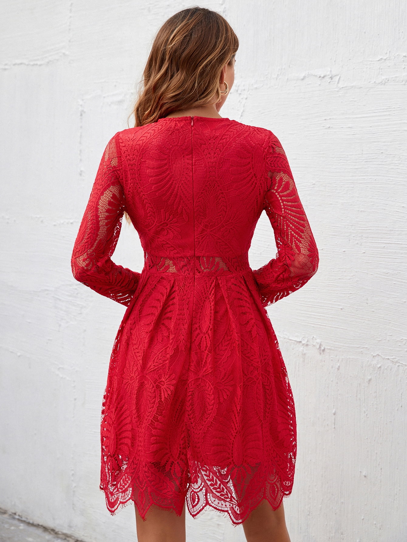 mock neck lace midi dress Intricate Lace Midi Length Long Sleeve Wedding Dress with Mock Neckline Off White / 0