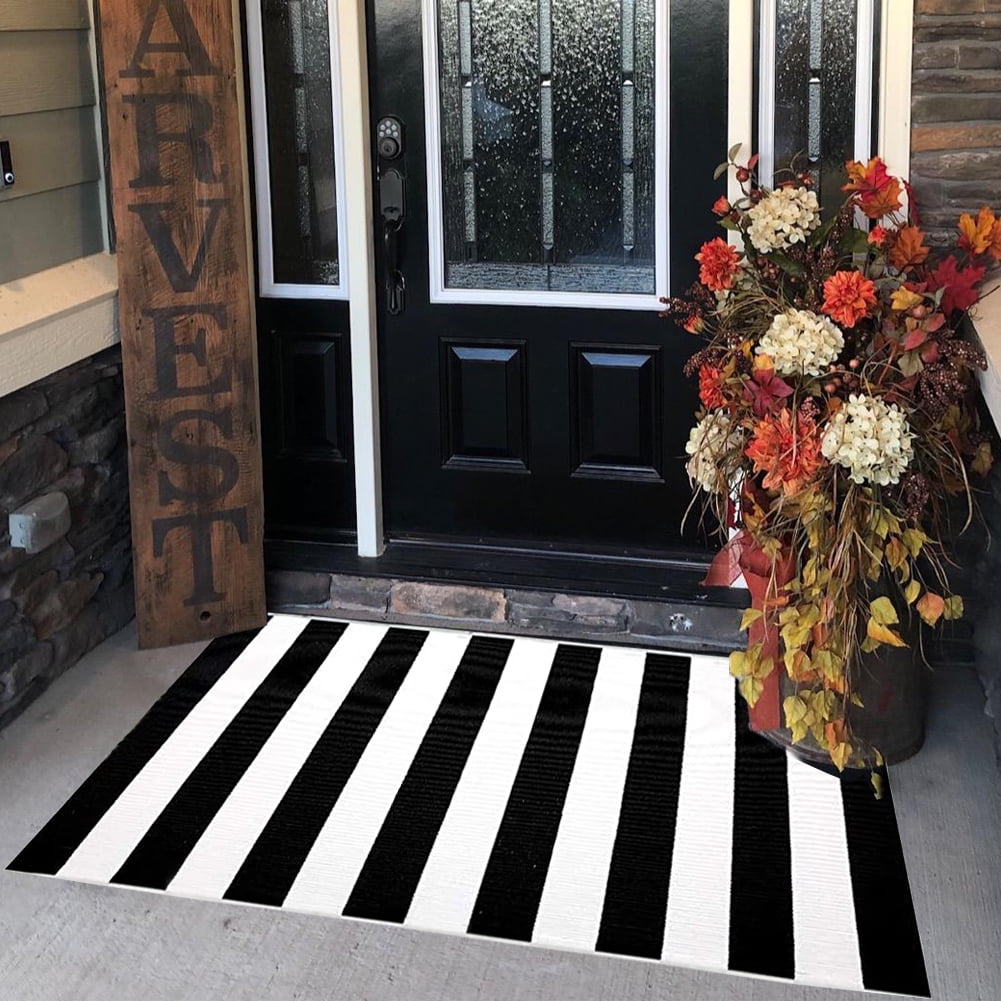 KaHouen Black and White Striped Rug 35.4 x 59 Inches, Indoor Front Porch Stripe Rug, Woven Washable Hand-Woven Stripe Outdoor Rugs for Layered Door Mats, Front Porch,Farmhouse,Kitchen…