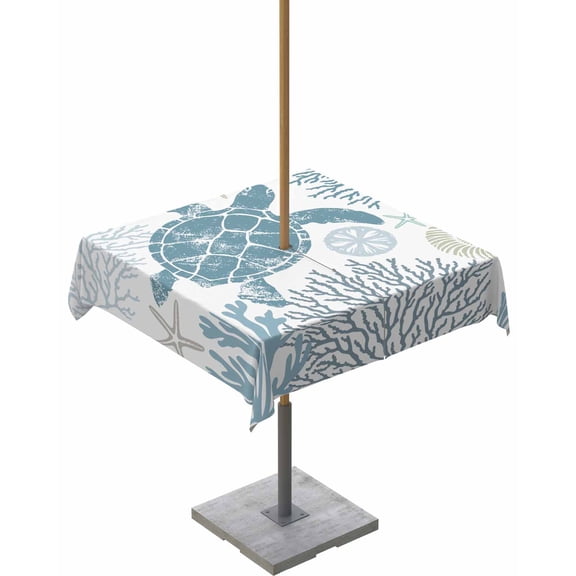 Boanket Outdoor Tablecloth with Umbrella Hole for Patio/Picnic/Party/Camping, Teal Blue Coastal Turtle Waterproof Table Cloth Square Cover Washable, Ocean Coral Nautical 54"x 54"