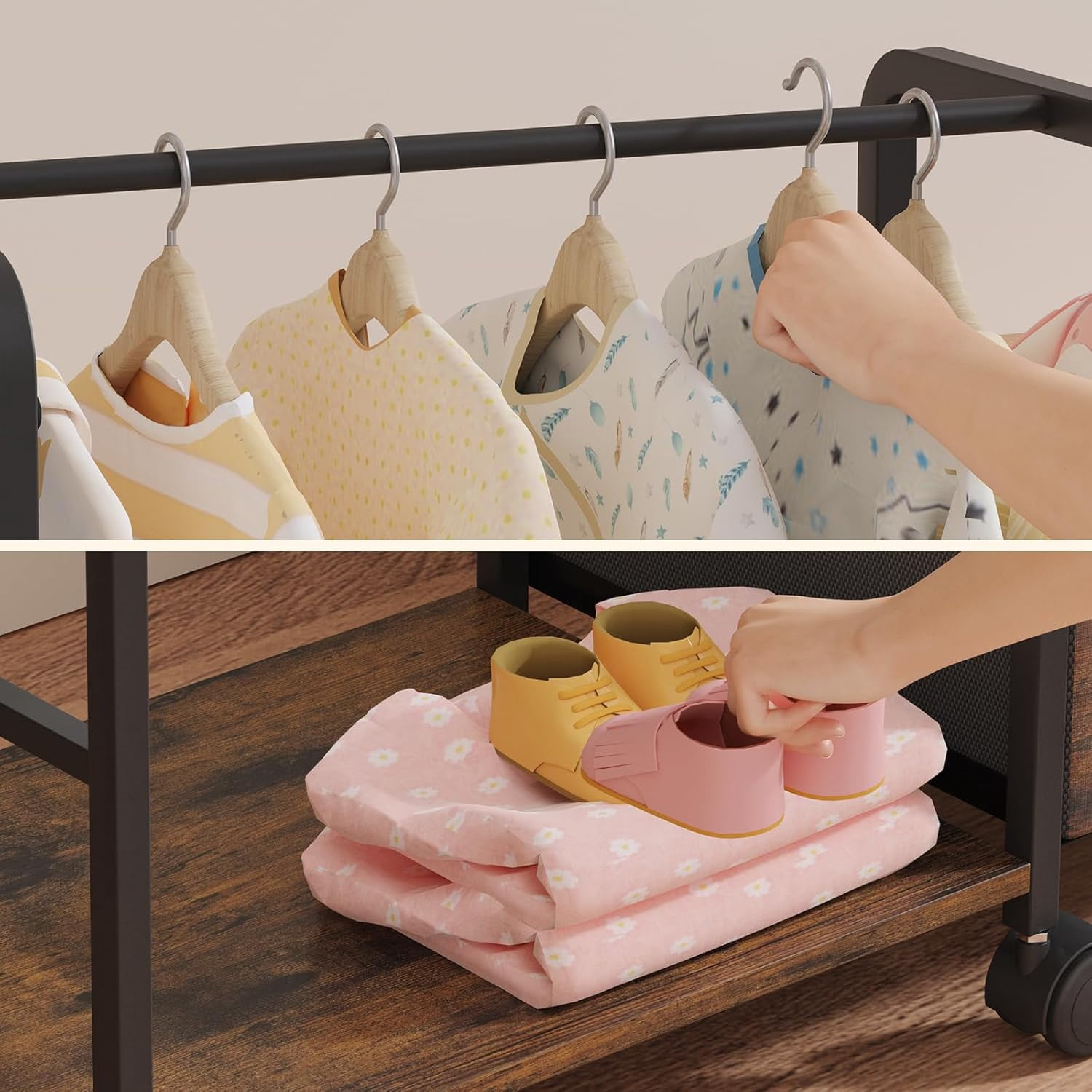 3in1 Diaper Caddy Organizer - Diaper Caddy & Rolling Diaper Cart with Kids Clothing Rack for Nursery and Baby Essentials, Multi-Function Utility Cart for Bedroom and Bathroom, Black&Brown