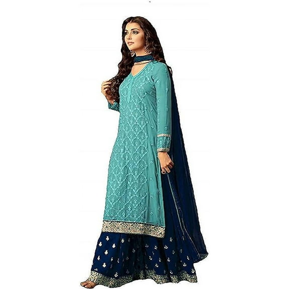 Women's Wear Indian Pakistani Designer Sewn Salwar Kameez Sharara Plazzo Suits ( Sky Blue, 4XL - 50 )