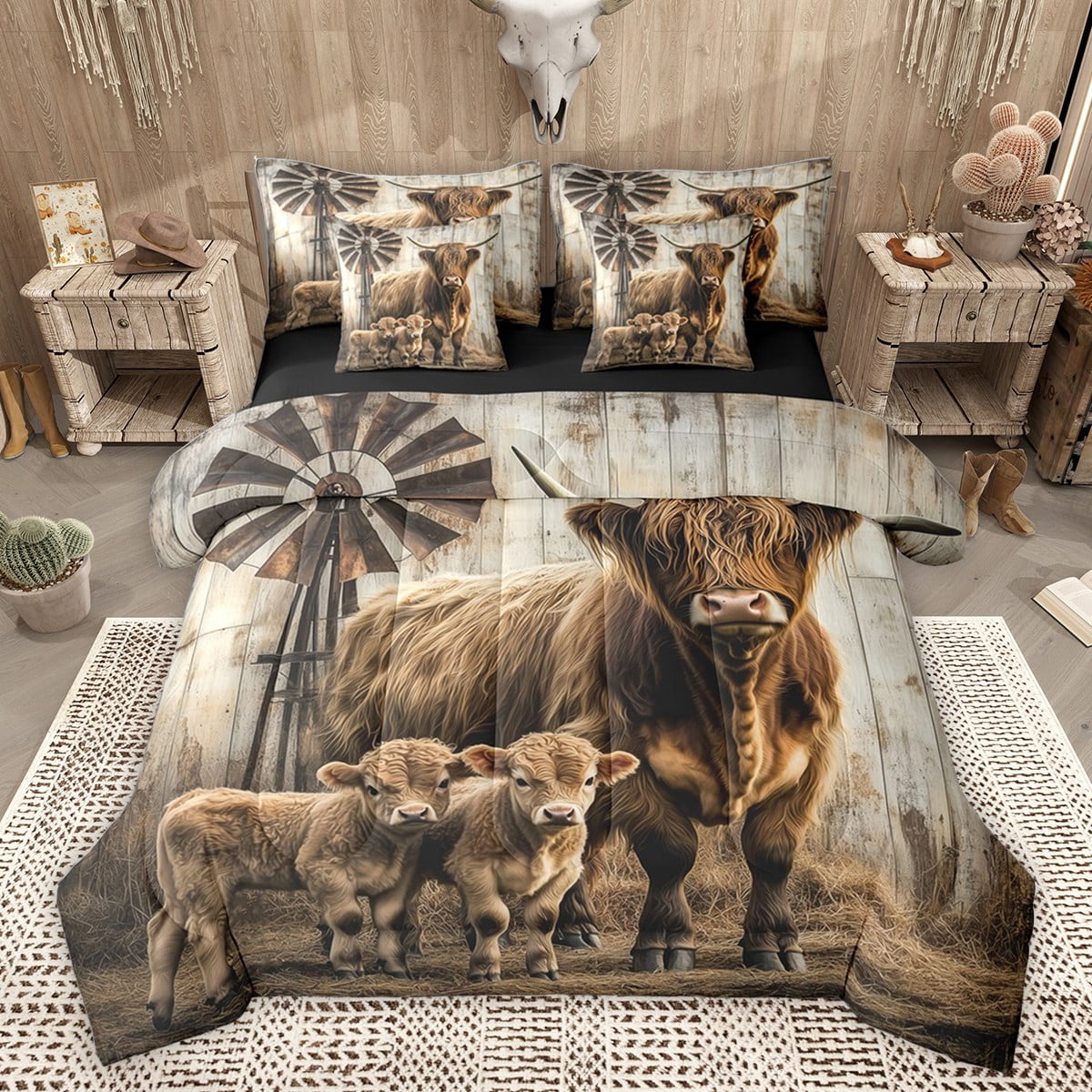 Castle Fairy Highland Cattle Bedding Comforter Set 7-Piece for Boys Girls Rustic Farmhouse King Bedding Sets Lodge Cabin Ultra Soft Bed Sheets Breathable Home Decor Reversible