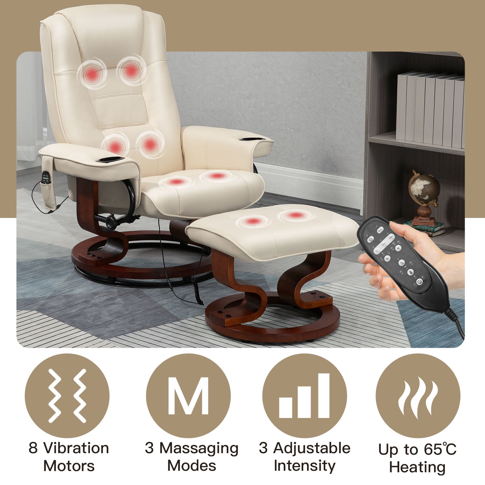 AVAWING Massage Recliner Chair with Ottoman, 360° Swivel PU Leather Reclining Chair, Beige