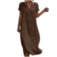 thumbnail image 2 of QUNYINEY Short Sleeve Women Dresses Midi Faux Cotton Linen Casual Summer A Line Dress V Neck Solid Button Loose Fit Dresses, 2 of 6