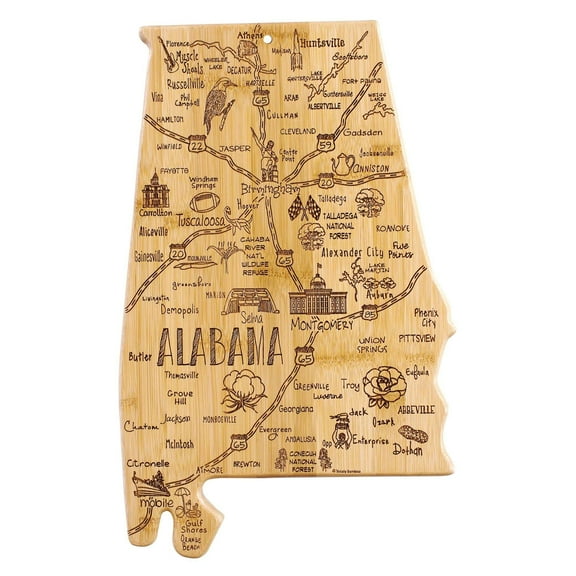 Totally Bamboo Destination Alabama State Shaped Bamboo Serving and Cutting Board, Includes Hang Tie for Wall Display