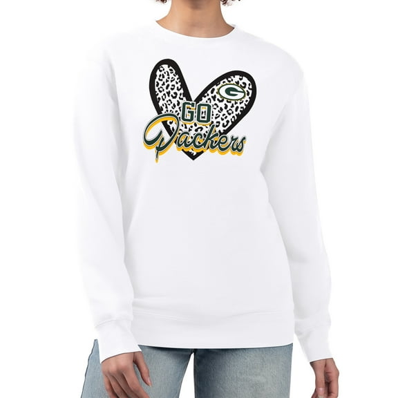 Women's G-III 4Her by Carl Banks White Green Bay Packers Leopard Heart Pullover Sweatshirt