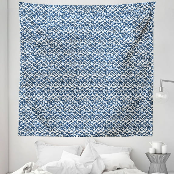 Ethnic Tapestry, Hand Drawn Style Indonesian Batik Pattern with Curves and Small Triangles, Fabric Wall Hanging Decor for Bedroom Living Room Dorm, 5 Sizes, Navy Blue and Cream, by Ambesonne