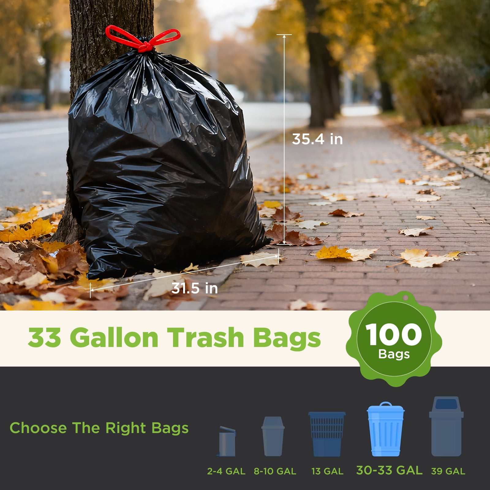 30-33 Gallon Trash Bags, Heavy Duty Drawstring Black Garbage Bags, 100 Count Unscented Can Liners for Kitchen & Outdoor Use