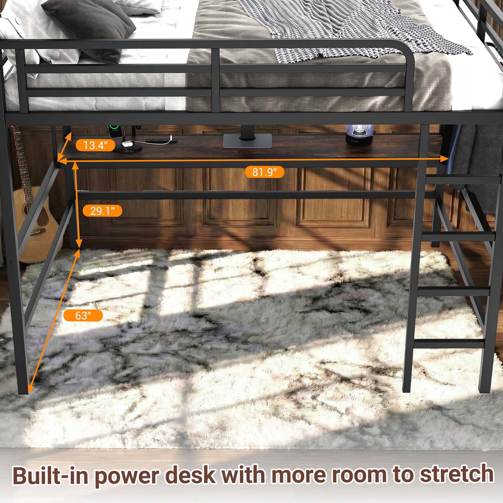 Queen Size Loft Bed Frame with Desk, Shelves, LED Lights & Charging Station, Metal Loft Bed for Adults, Black