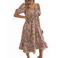 thumbnail image 2 of Women Summer Ruffle Off Shoulder Floral Midi Dress Summer Smocked Beach Flowy Long Dresses Pink L, 2 of 9