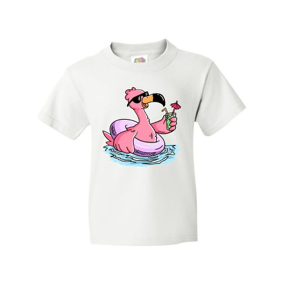 Inktastic Flamingo with Sunglasses Pool Float and Drink Youth T-Shirt