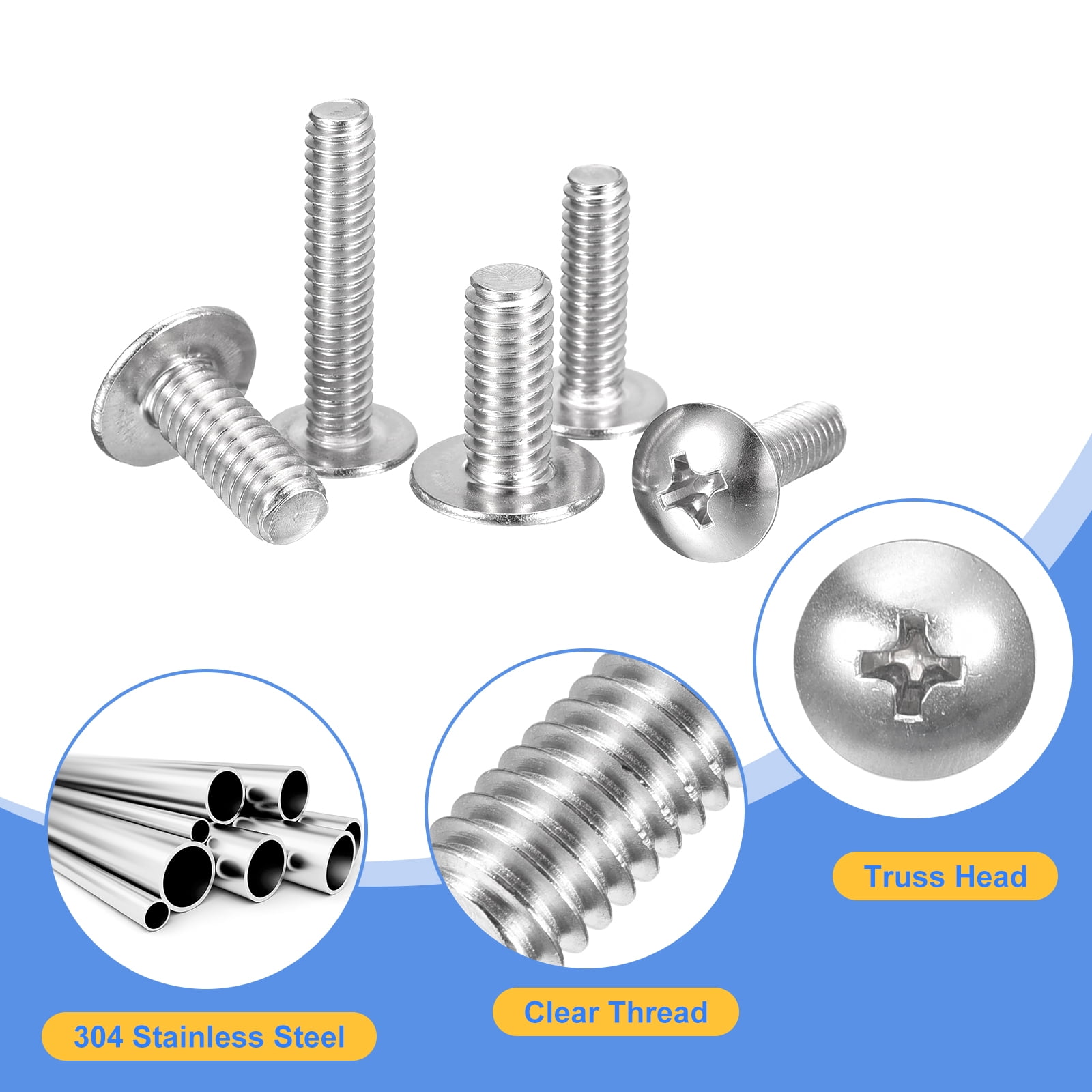 #8-32 x 1-1/4" Truss Head Phillips Machine Screws, Full Thread, 304 Stainless Steel, 100 Pack