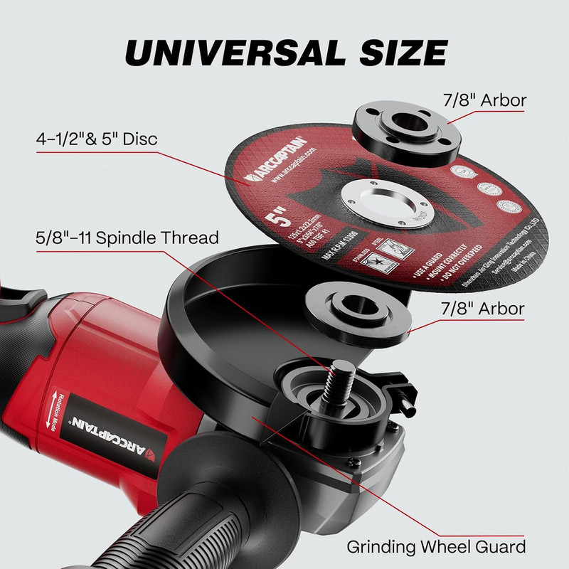 ARCCAPTAIN 5" Brushless Angle Grinder Kit w/ 2 Batteries | 9500 RPM Paddle Switch | 180° Rotatable Head for Cutting, Grinding, and Polishing