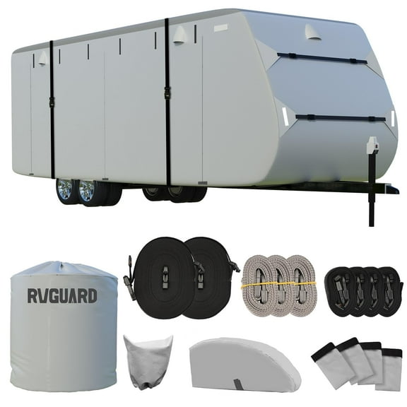 RVGUARD RV Cover, Travel Trailer Cover fits for 24' - 27' RV, 6 Layers Anti-UV Waterproof Camper Cover, with Tongue Jack Cover and Storage Bag, Grey