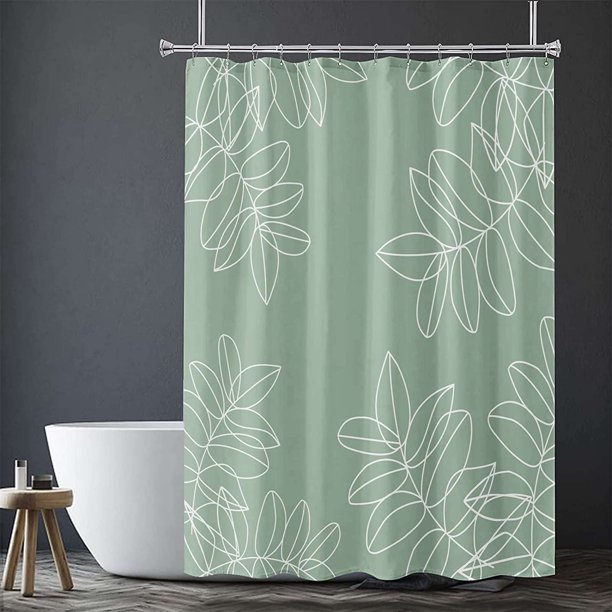 Sage Green Waterproof Shower Curtains for Bathroom White Leaf Bath Curtains Decor with Hooks