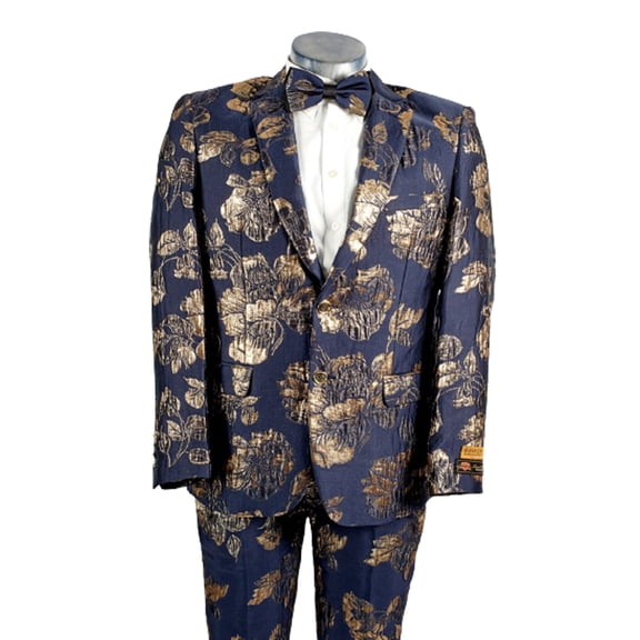 Mens 2 Button Navy Blue & Gold Foil Floral Paisley Prom & Wedding Tuxedo By Alberto Nardoni