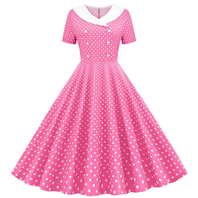 Dvprdro Robe de Bal pour Femme Invitée de Mariage Mode Vintage à Pois Imprimée Manches Courtes Ligne A Évasée Cocktail Fête Robe Midi