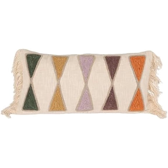 Embroidered Cotton Lumbar Pillow with Fringe, Earthen Multicolors