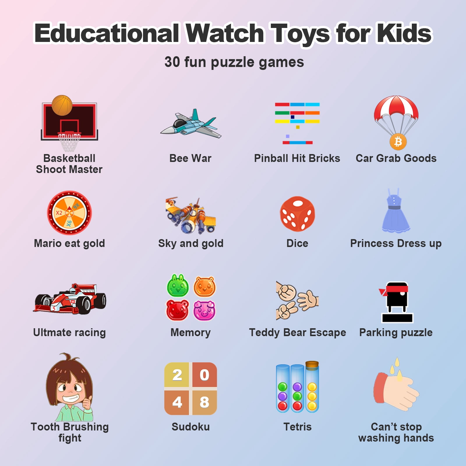 SHANNA Kids Smart Watch for Boys Girls Aged 4-12,  1.83'' HD Touch Screen with 30 Games and 140 Learning Cards, Music Player Camera Pedometer Story Telling, Black