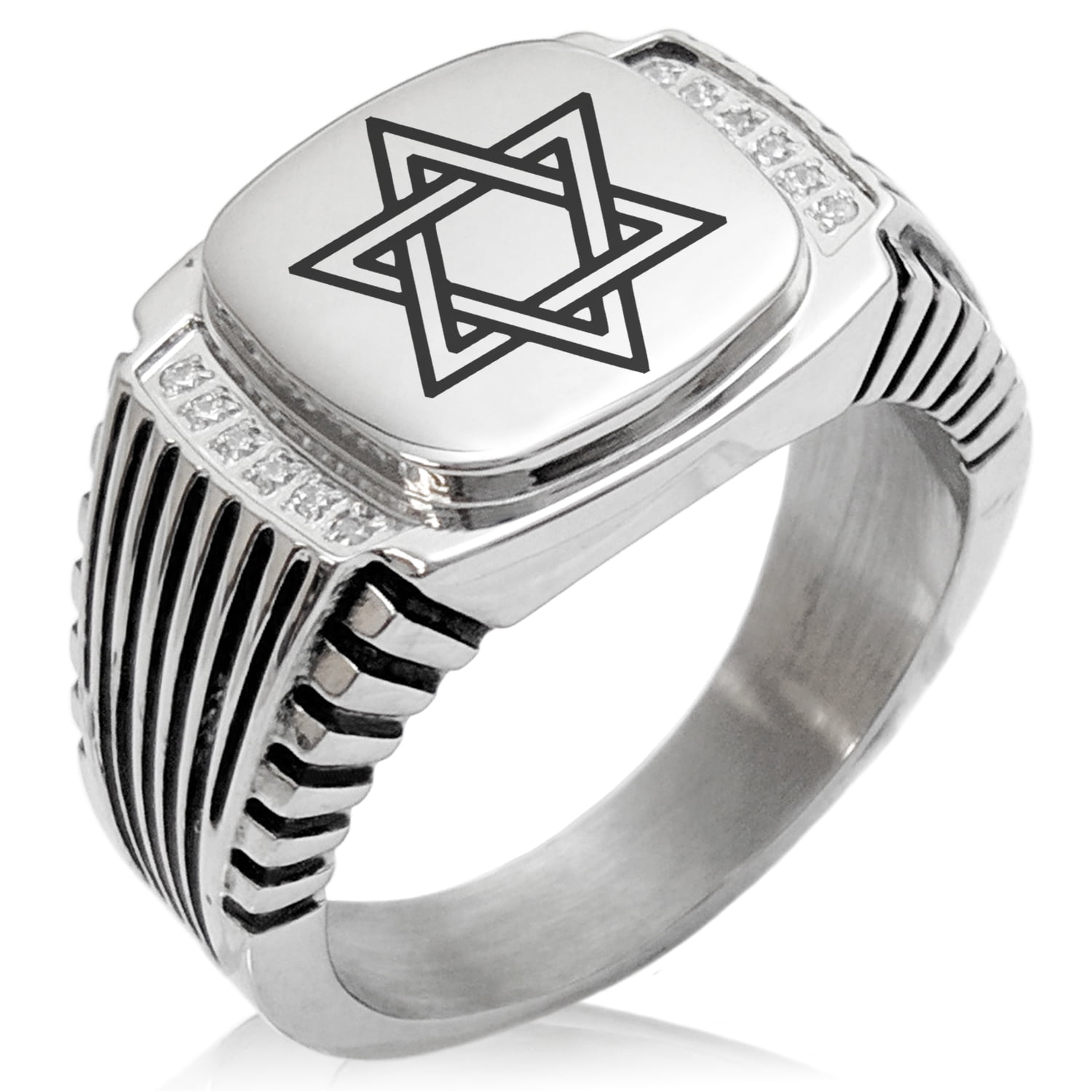 Stainless Steel Hexagram Star of David Hexagon Crest Flat Top Biker Style Polished Ring