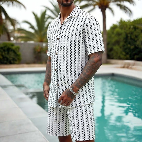 Maqroz Mens 2 Piece Outfits Striped Shirt and Shorts Set Short Sleeve Button Down Top with Bottoms Beach Pool Boho Wear Lightweight Vacation Summer Outfit