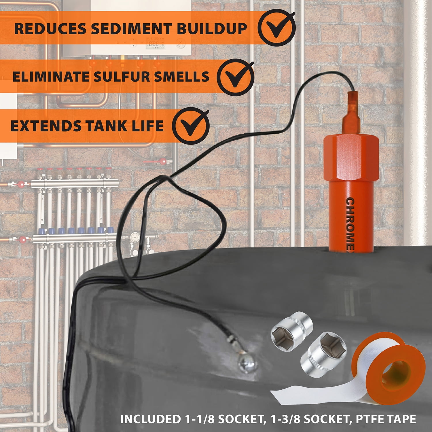 Chromex Powered Titanium Anode Rod for Most 40- to 89-Gallon Water Heaters, Removes Sulfur/Egg Smell, Corrosion, and Scale