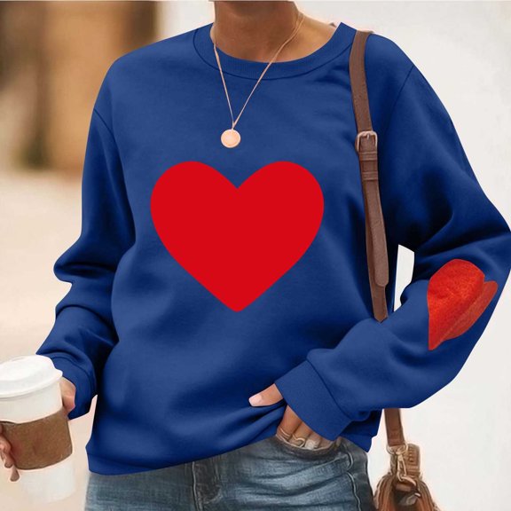 GUZOM Womens Heart Graphic Valentine's Day Pullover Sweatshirt, 100% Polyester Relaxed Fit Crew Neck Navy Casual Sweatshirt,Size S