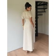 thumbnail image 2 of Apricot Linen V-Neck Petite Midi Dress With Lace Trim, High-Waist Pleated Slim Fit Elegant Vacation Dress, 2 of 7