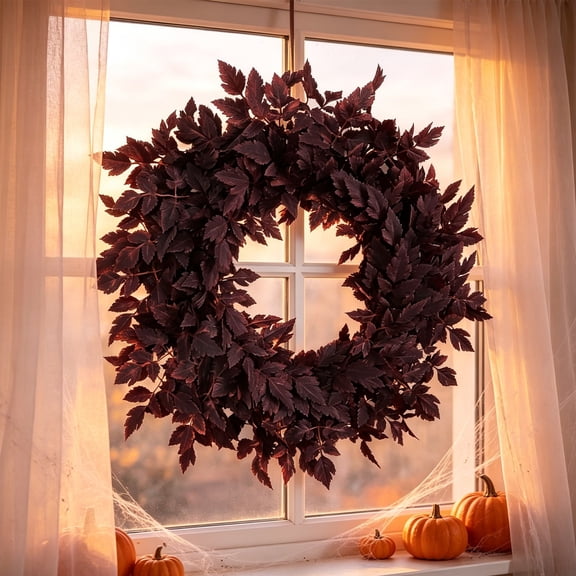 ZTTD 24" Dark Purple Artificial Cimicifuga Leaf Wreath, Fall Burgundy Foliage Front Door Wreath, Minimalist Halloween Autumn Wreath for Wall Porch Home Farmhouse Decor