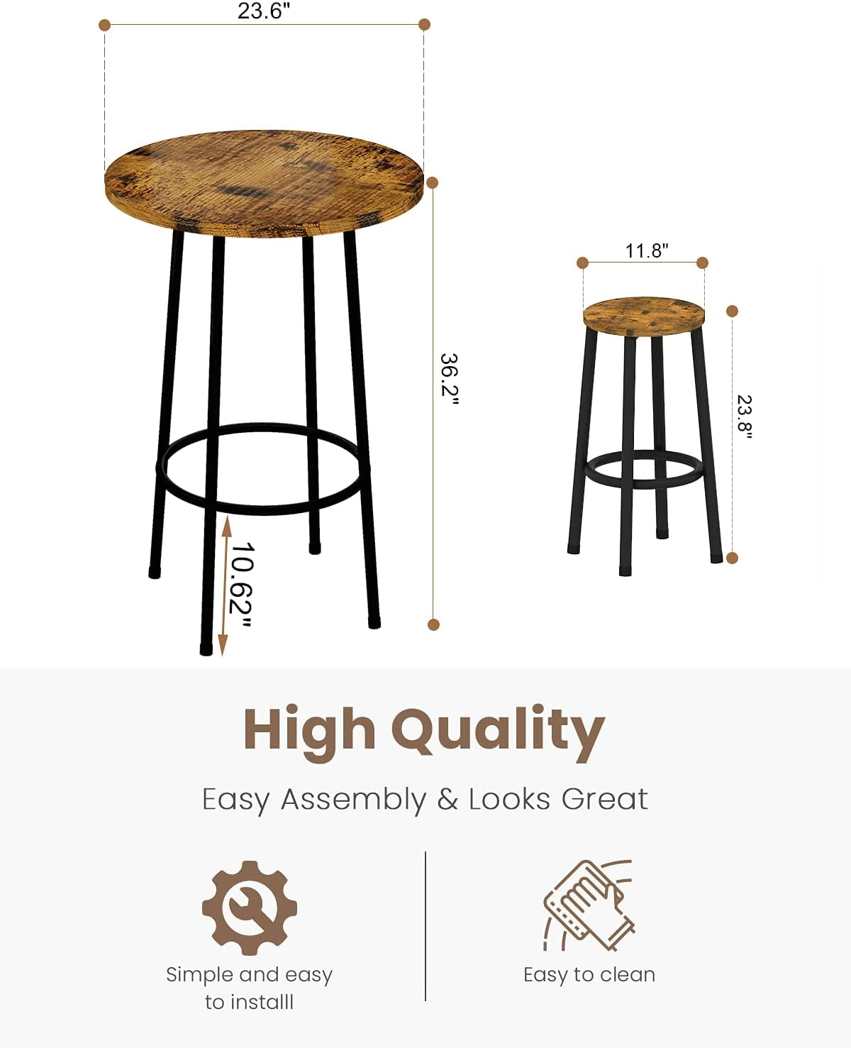 Cvortll 3 Piece Pub Dining Set, Modern Round bar Table and Stools for 2 Kitchen Counter Height Wood Top Bistro Easy Assemble for Breakfast Nook Living Room Small Space Restaurant, Rustic Brown