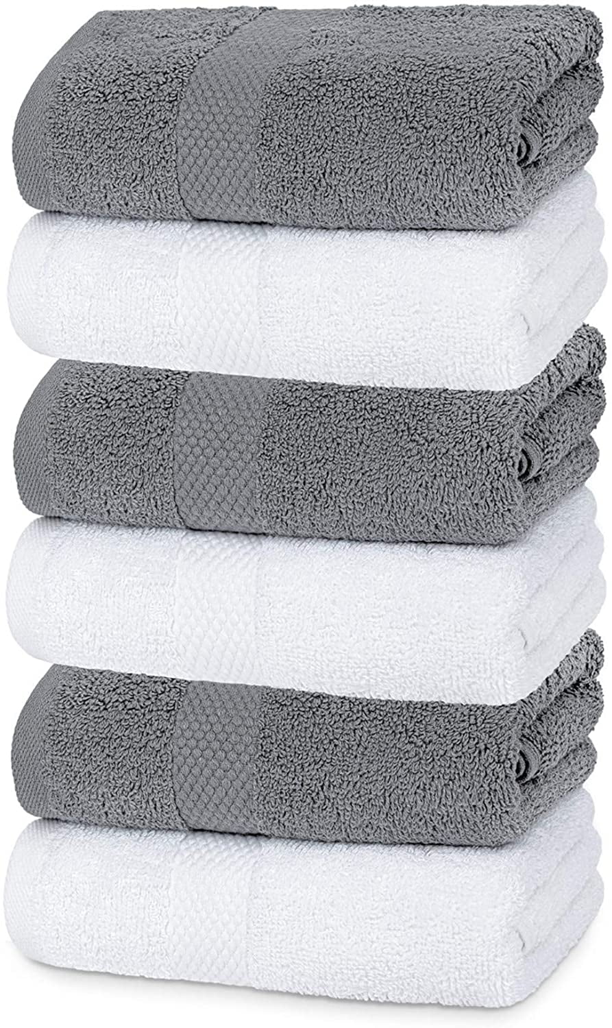 Luxury Grey/White Hand Towels Soft Cotton Absorbent Hotel towel 6-Pack 
