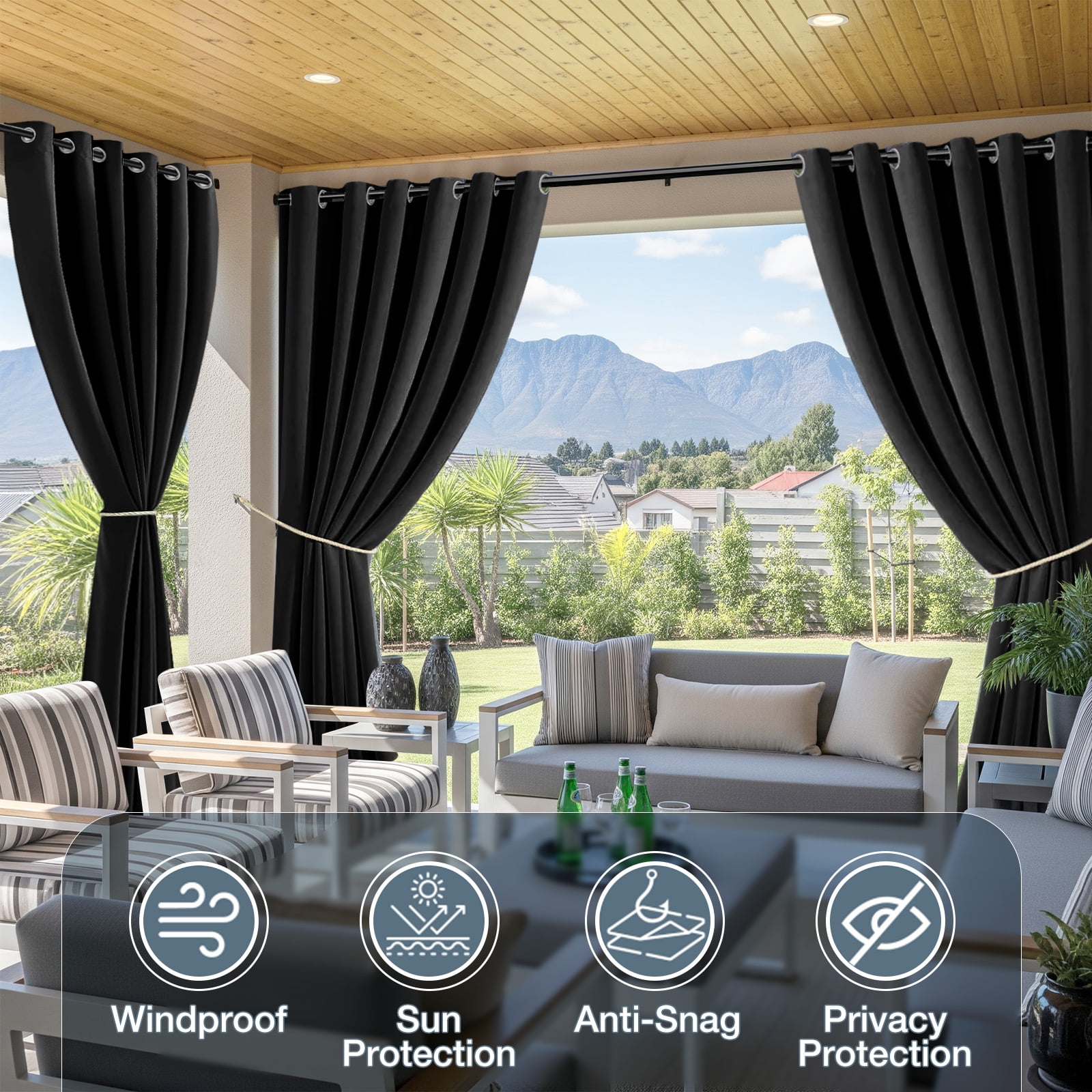 DONGPAI 100" Wide Outdoor Curtains for Patio Waterproof Blackout Privacy UV Resistant with Top and Bottom Grommet for Porch, Gazebo, Pergola, 100"x 84", Black, 1 Panel