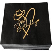 20pcs Cowgirl Happy Birthday Napkins, Black and Gold Party Paper Cocktail Napkins for Mexican Western Birthday, Fiesta Theme Girls Birthday Party Decorations 3 Ply 5"x5"