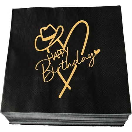 20pcs Cowgirl Happy Birthday Napkins, Black and Gold Party Paper Cocktail Napkins for Mexican Western Birthday, Fiesta Theme Girls Birthday Party Decorations 3 Ply 5"x5"