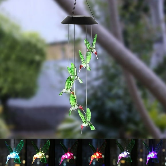 tumgatte Color Changing LED Solar Wind Chime Hummingbird Wind for Gardening Lighting Summer Savings