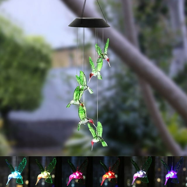 Xihbxyly Campana de Viento Solar Led con Cambio de Color, Diseño de Colibrí, Iluminación de Bajo Consumo, Iluminación Decorativa para Exteriores, Decoración para Fiestas En El Jardín, Encendido Autom