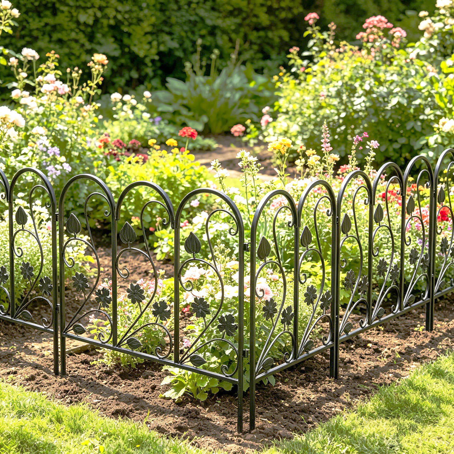 Wisfor 5 Panels Decorative Garden Fence Rustproof Black Metal Animal Barrier, 23.4x24.3 inch