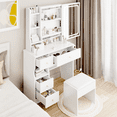 thumbnail image 3 of Left Drawer Desktop Vanity Table + Cushioned Stool, With 2 AC + 2 USB Socket, Extra Large Sliding LED Mirror, Touch Control, Tri-color, Brightness Adjustable, Large Size Desktop, Multi-layer Storage, 3 of 8