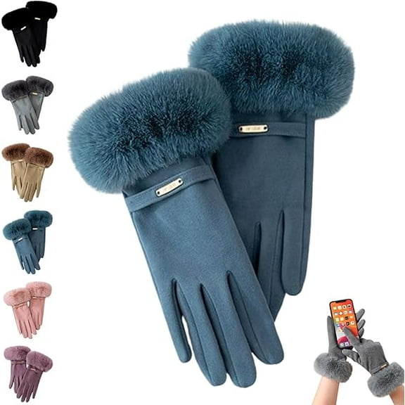 Chic Plush Cuff Winter Gloves, Womens Winter Warm Gloves Faux Fur Cuff Touch Screen Gloves for Outdoor Driving(Blue)