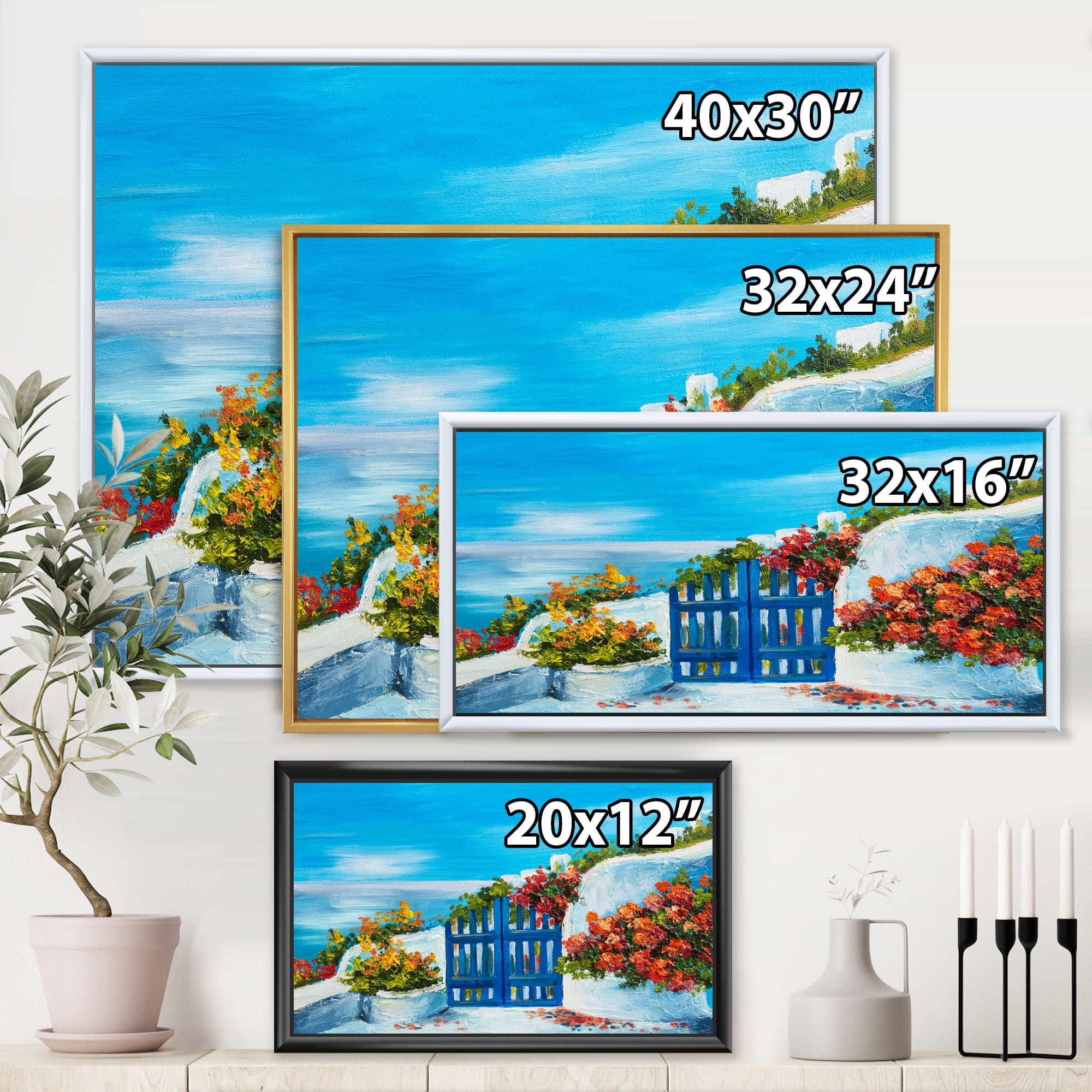 Designart 'House With Colorful Flowers Near The Sea III' Nautical & Coastal Framed Canvas Wall Art Print