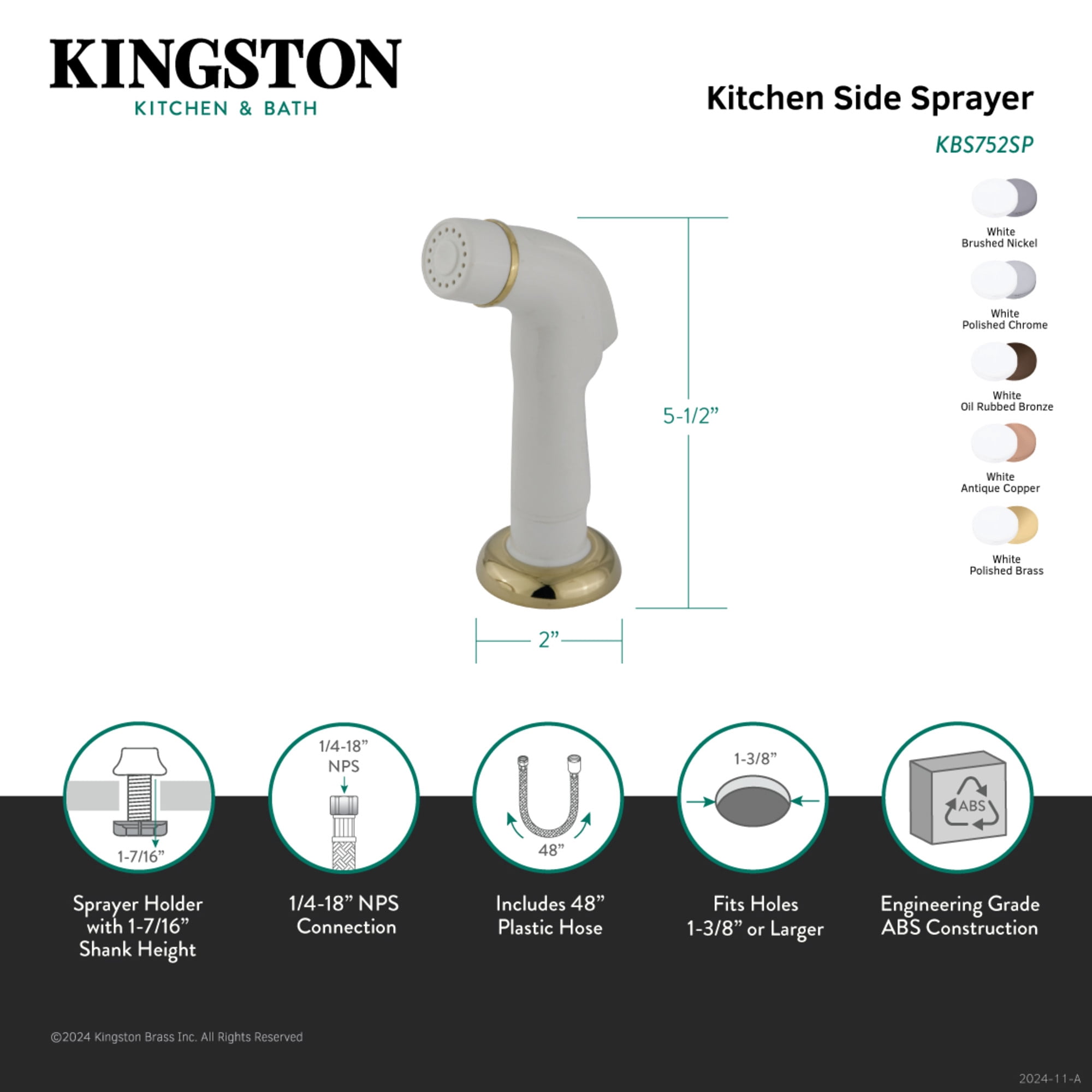 Kingston Brass KBS750SP Plastic Kitchen Faucet Side Sprayer in White