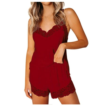 

YUEHAO Womens Underwear Women s Satin Pajamas Sets Lace Trim Cami Tops Shorts Sleepwear (Red)