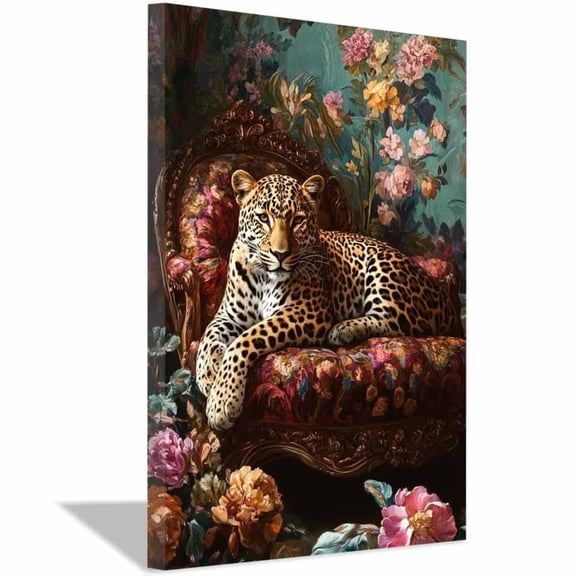 Mudket Framed Leopard on Floral Chair Canvas Wall Art, Vintage Jungle Animal Print Wall Decor, Ready to Hang for Living Room - 30"L x 20"W